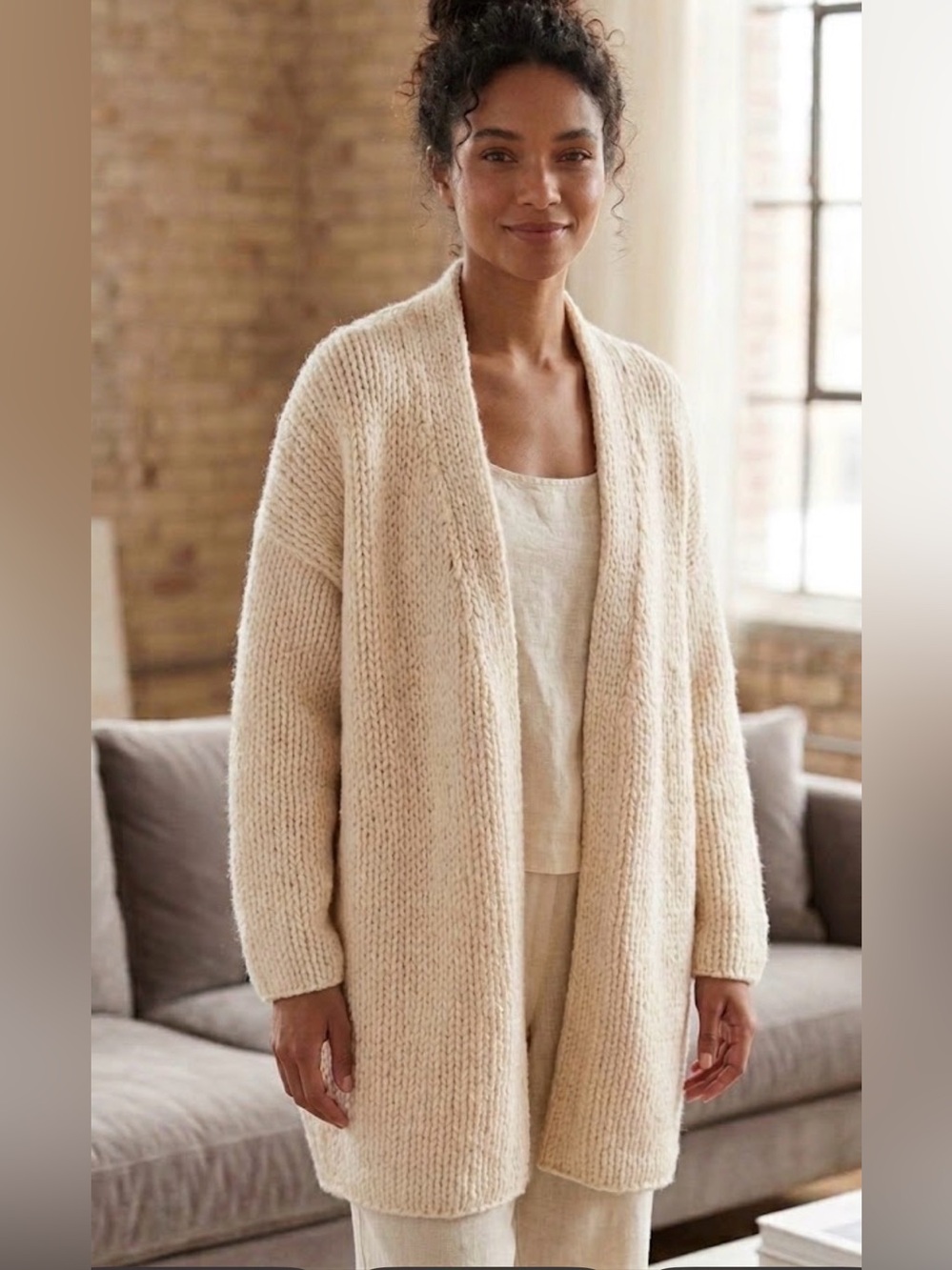 Cream Wool Open Front Cardigan Chunky Loose Fit Longline Knit Sweater Sz M/L